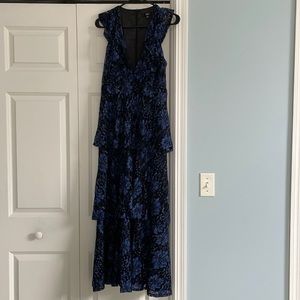 Lulu's navy and black lace ruffled tiered maxi dress.